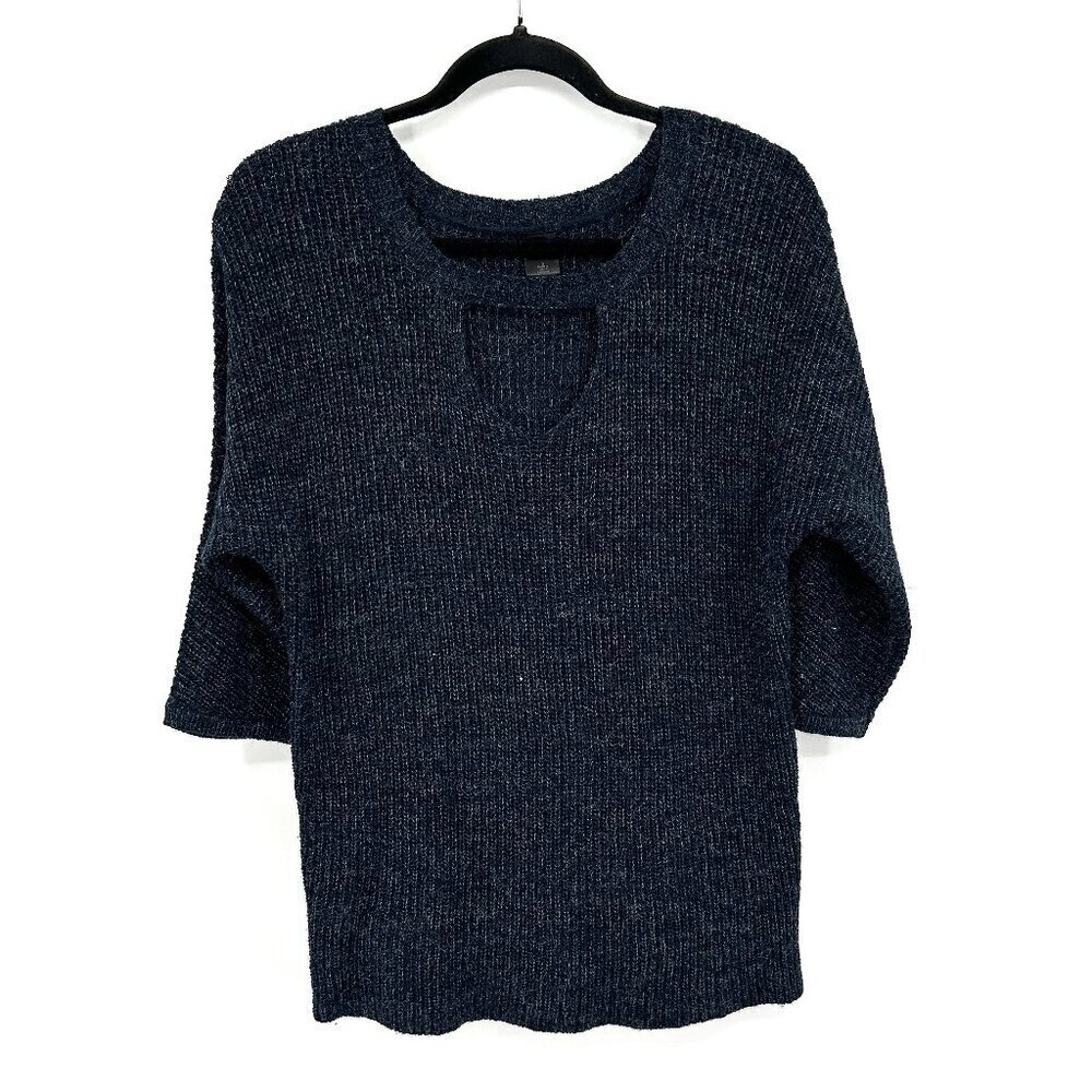 MADISON LILLY Navy Blue Knit Key Hole 3/4 Sleeve Pullover Sweater Size Small